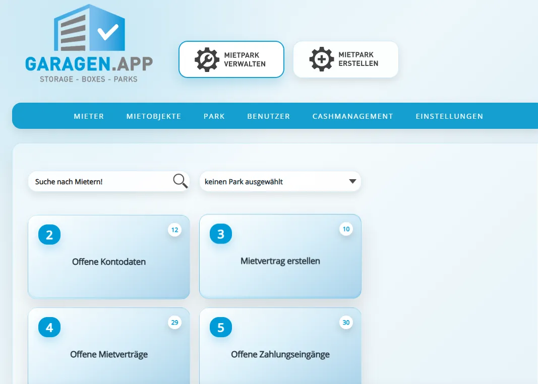 GARAGEN.APP-Oberfläche: Navigation und Aufgabenkarten mit offenen Kontodaten, Mietverträgen und Zahlungseingängen