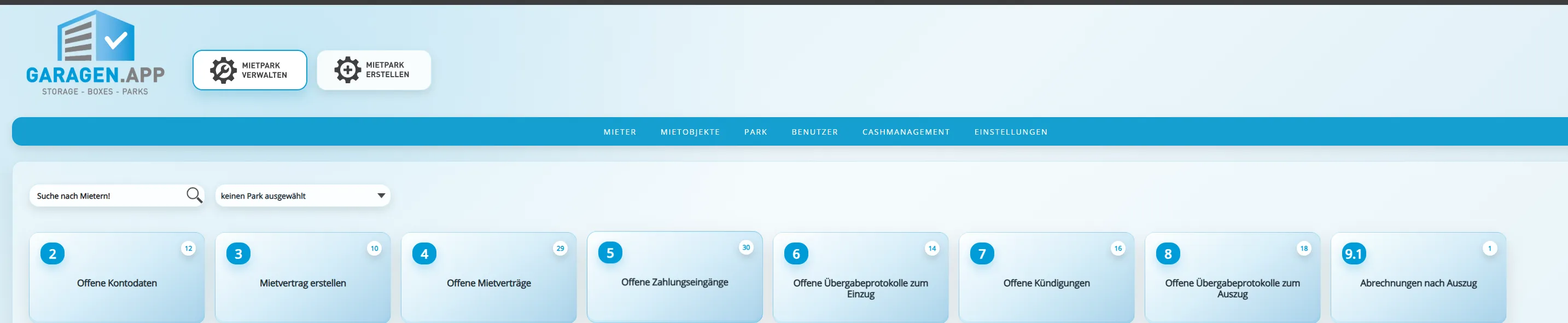 GARAGEN.APP-Startseite mit Suchfeld und allen Aufgabenkarten: offene Mietverträge, Zahlungseingänge, Übergabeprotokolle, Kündigungen und weitere Vorgänge, jeweils mit Anzahl
