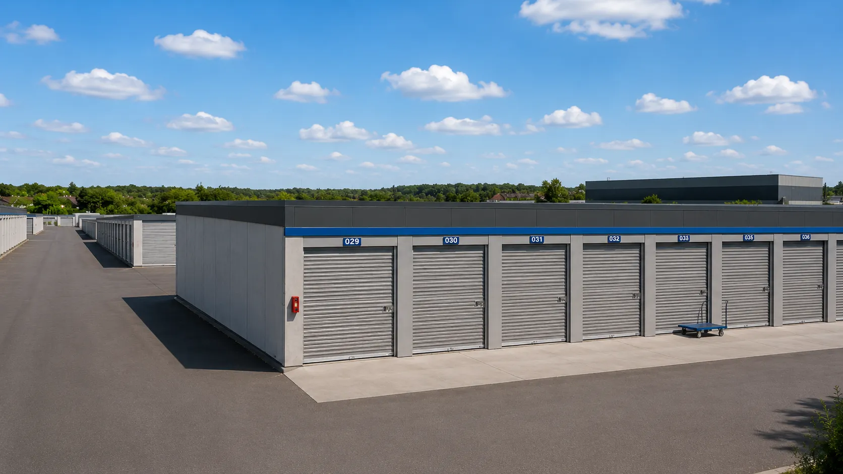 Luftaufnahme eines Garagenhofs mit mehreren Garagenreihen