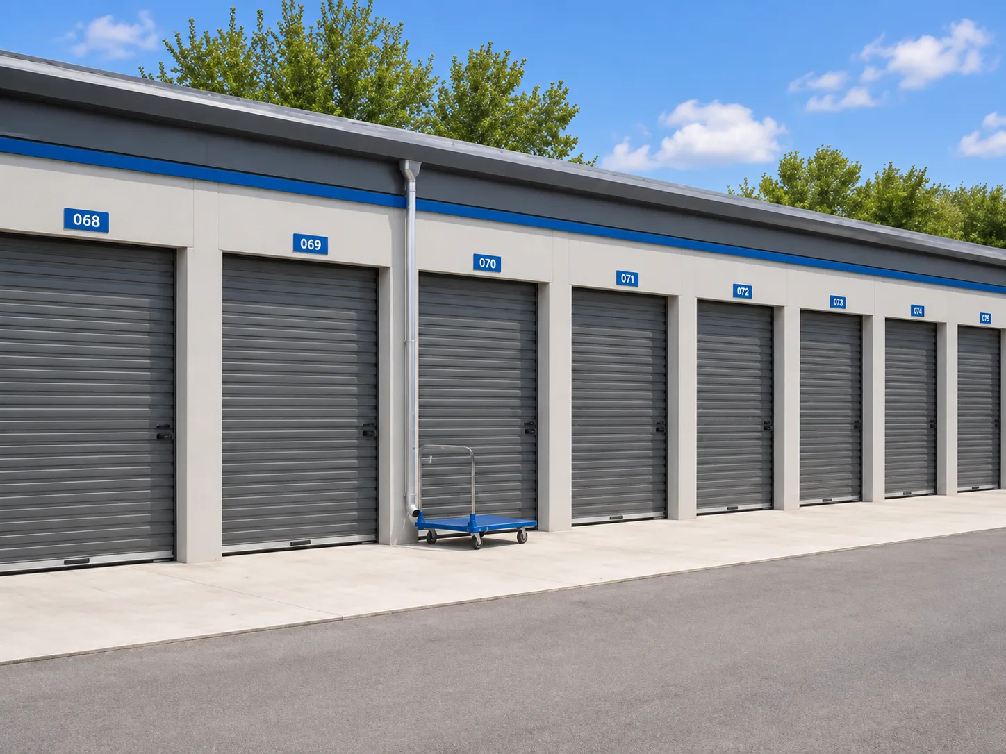 Außenansicht einer Storage-Anlage mit nummerierten Rolltoren