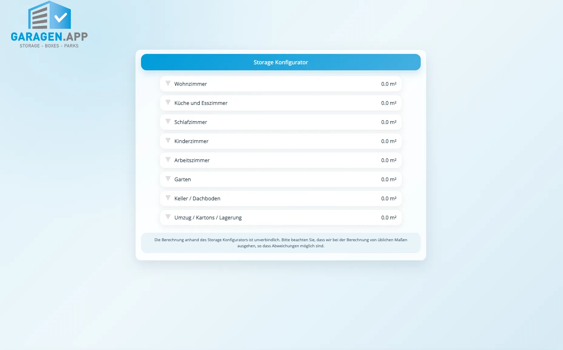 Storage-Konfigurator mit Raumliste und berechneter Fläche je Raum